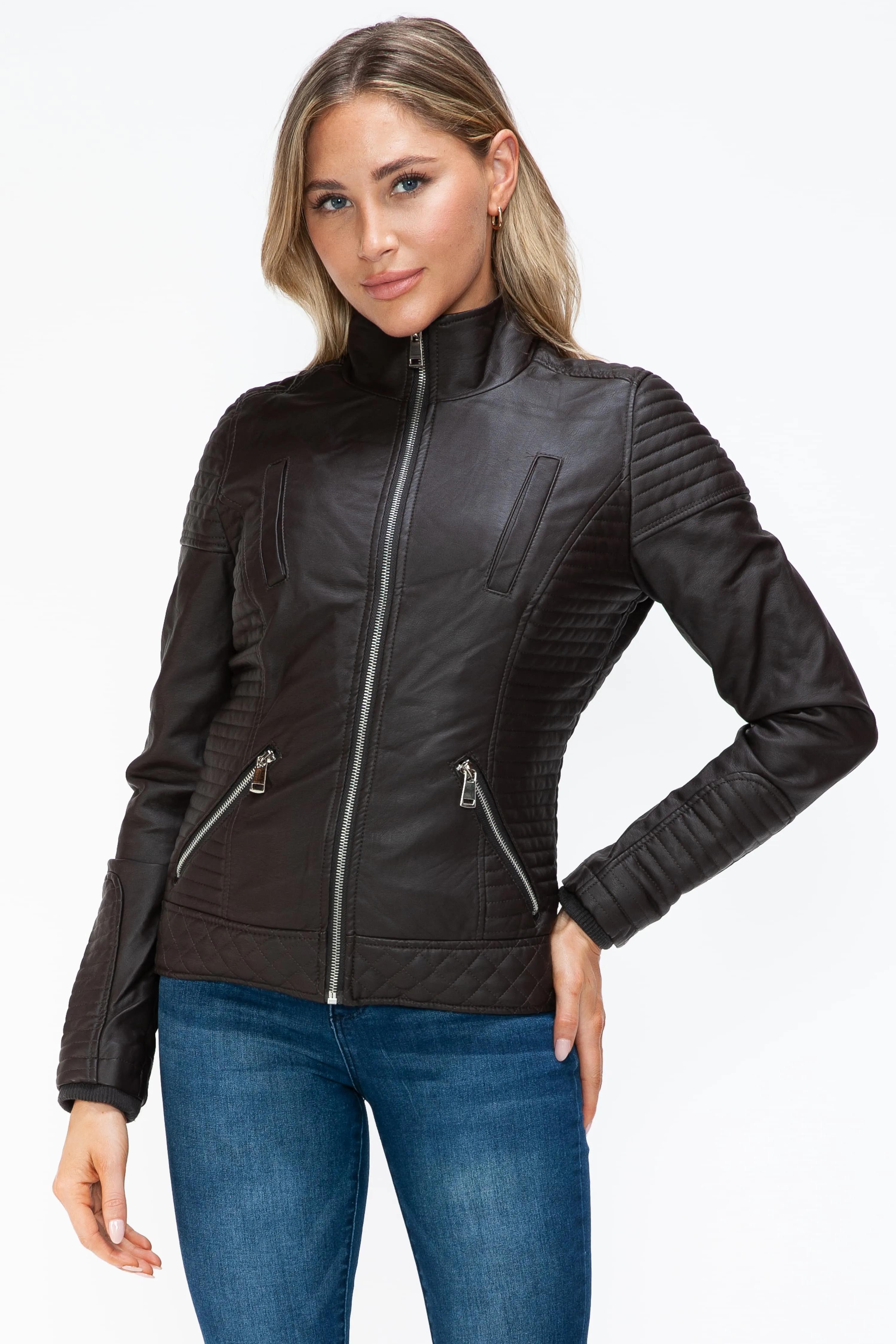 Hazel Blues® |  YMI Faux Layered Double-Zipper Jacket with Fuzzy Hood