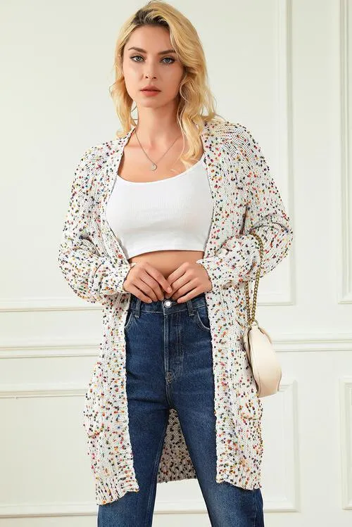 Heathered Open Front Long Knitted Cardigan