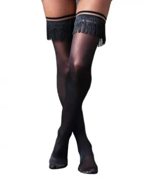 Keila Fringe Sheer Thigh High - Black -