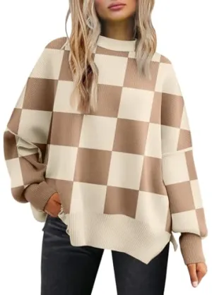 LILLUSORY Women's Oversized Batwing Sweaters 2024 Fall Outfits Crewneck Ribbed Knit Side Slit Trendy Pullover Tops.