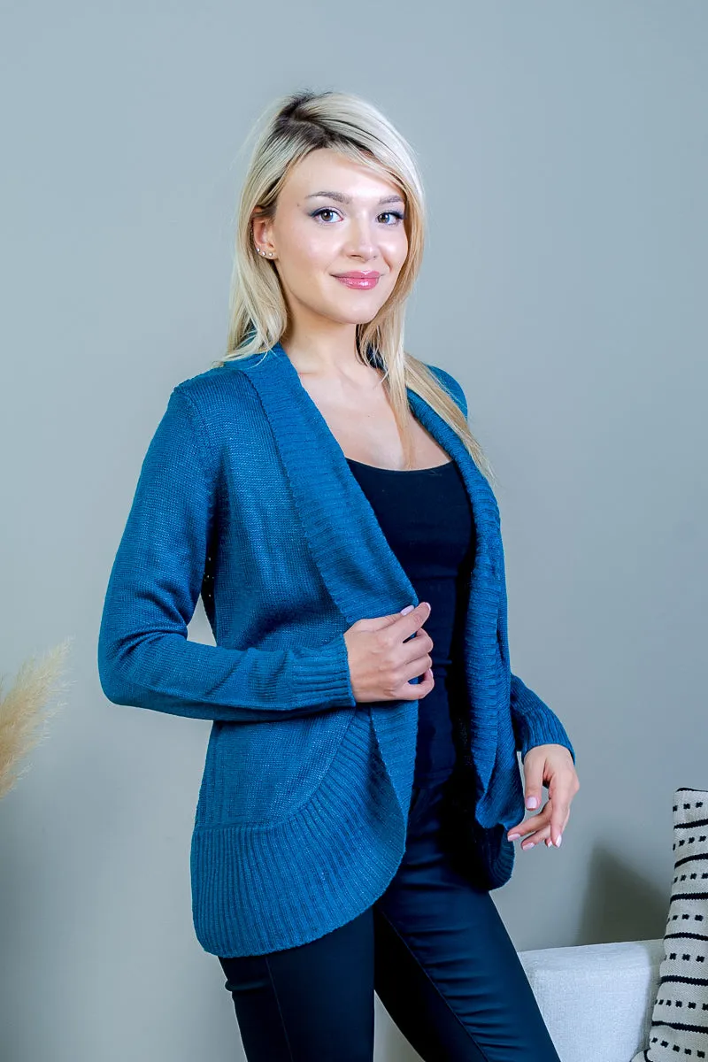 Long Sleeve Open Front Cardigan Sweater with Open Knit Back in Teal (FS171091)