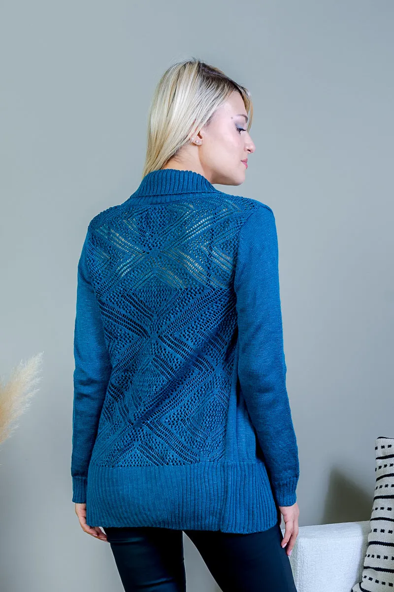 Long Sleeve Open Front Cardigan Sweater with Open Knit Back in Teal (FS171091)