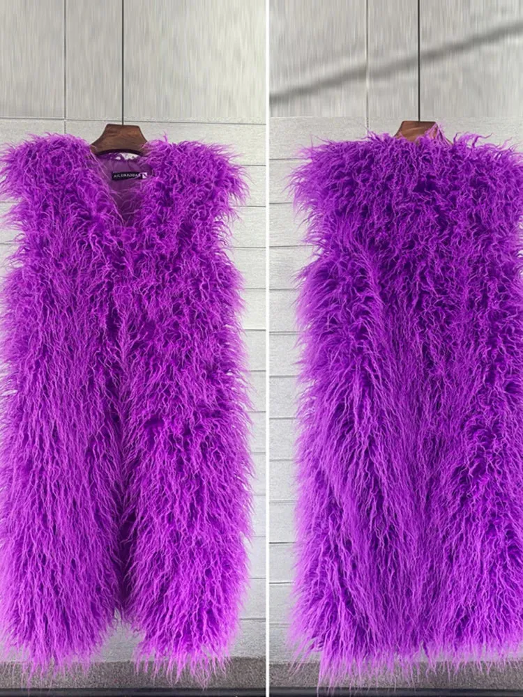 Mongolia Sheep Fur Women Long Vest Colorful Warm Faux Fur High Street Plush Coats Female Jacket Autumn Winter Furry Outerwear