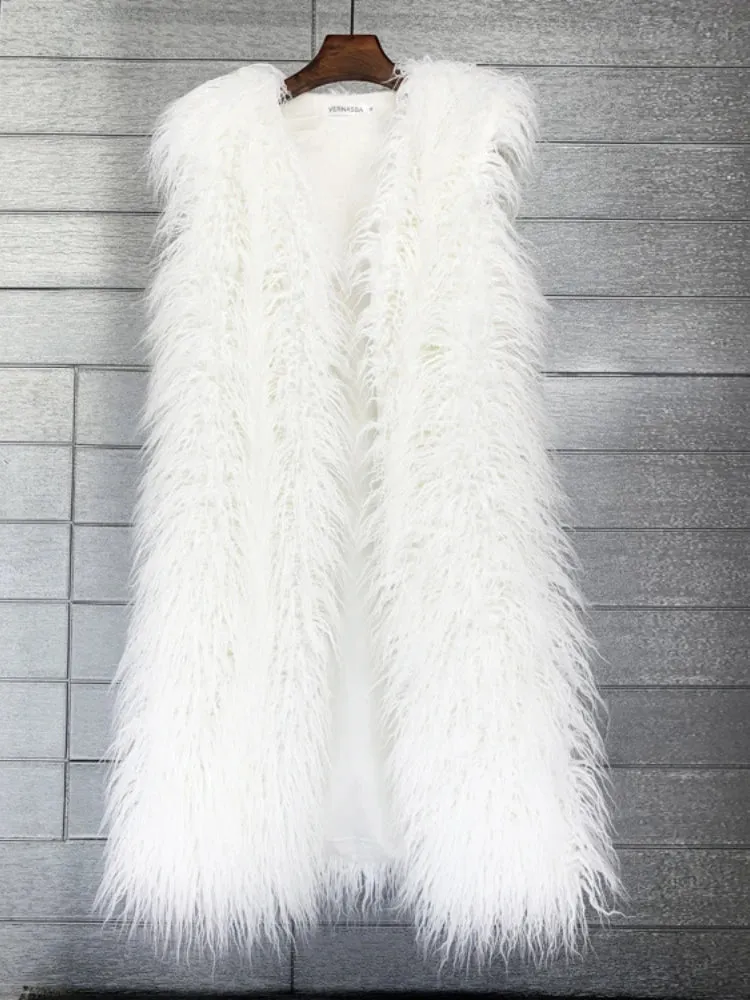 Mongolia Sheep Fur Women Long Vest Colorful Warm Faux Fur High Street Plush Coats Female Jacket Autumn Winter Furry Outerwear