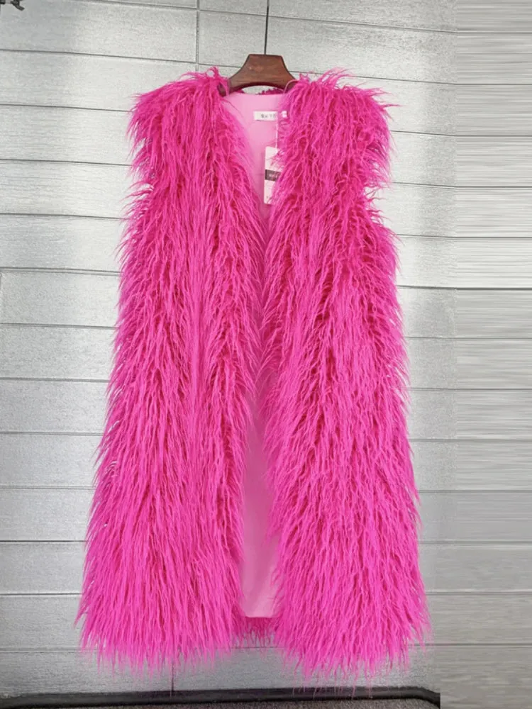 Mongolia Sheep Fur Women Long Vest Colorful Warm Faux Fur High Street Plush Coats Female Jacket Autumn Winter Furry Outerwear