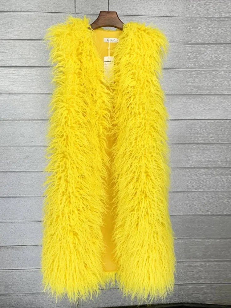 Mongolia Sheep Fur Women Long Vest Colorful Warm Faux Fur High Street Plush Coats Female Jacket Autumn Winter Furry Outerwear