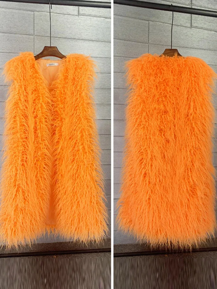 Mongolia Sheep Fur Women Long Vest Colorful Warm Faux Fur High Street Plush Coats Female Jacket Autumn Winter Furry Outerwear