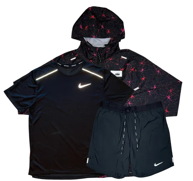 Nike Miler T-Shirt - D.Y.E Windrunner - Flex Stride Shorts Outfit - Black/Black/Black