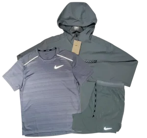 Nike Miler T-Shirt - Form GFX Windrunner - Flex Stride Shorts Outfit - Grey/Grey/Grey