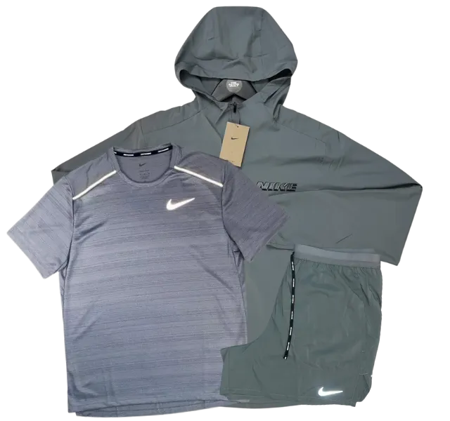 Nike Miler T-Shirt - Form GFX Windrunner - Flex Stride Shorts Outfit - Grey/Grey/Grey