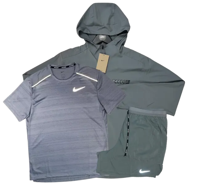 Nike Miler T-Shirt - Form GFX Windrunner - Flex Stride Shorts Outfit - Grey/Grey/Grey