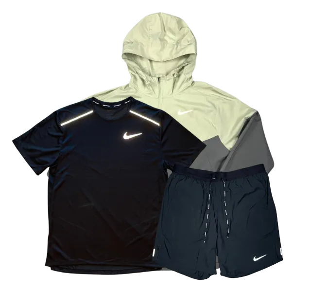Nike Miler T-Shirt - Windrunner - Flex Stride Shorts Outfit - Black/Olive Aura/Black