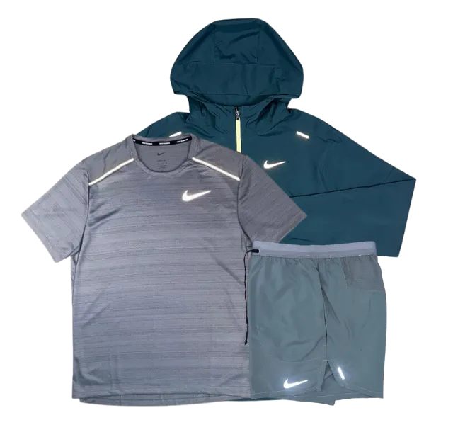Nike Miler T-Shirt - Windrunner - Flex Stride Shorts Outfit - Grey/Deep Jungle Green/Grey