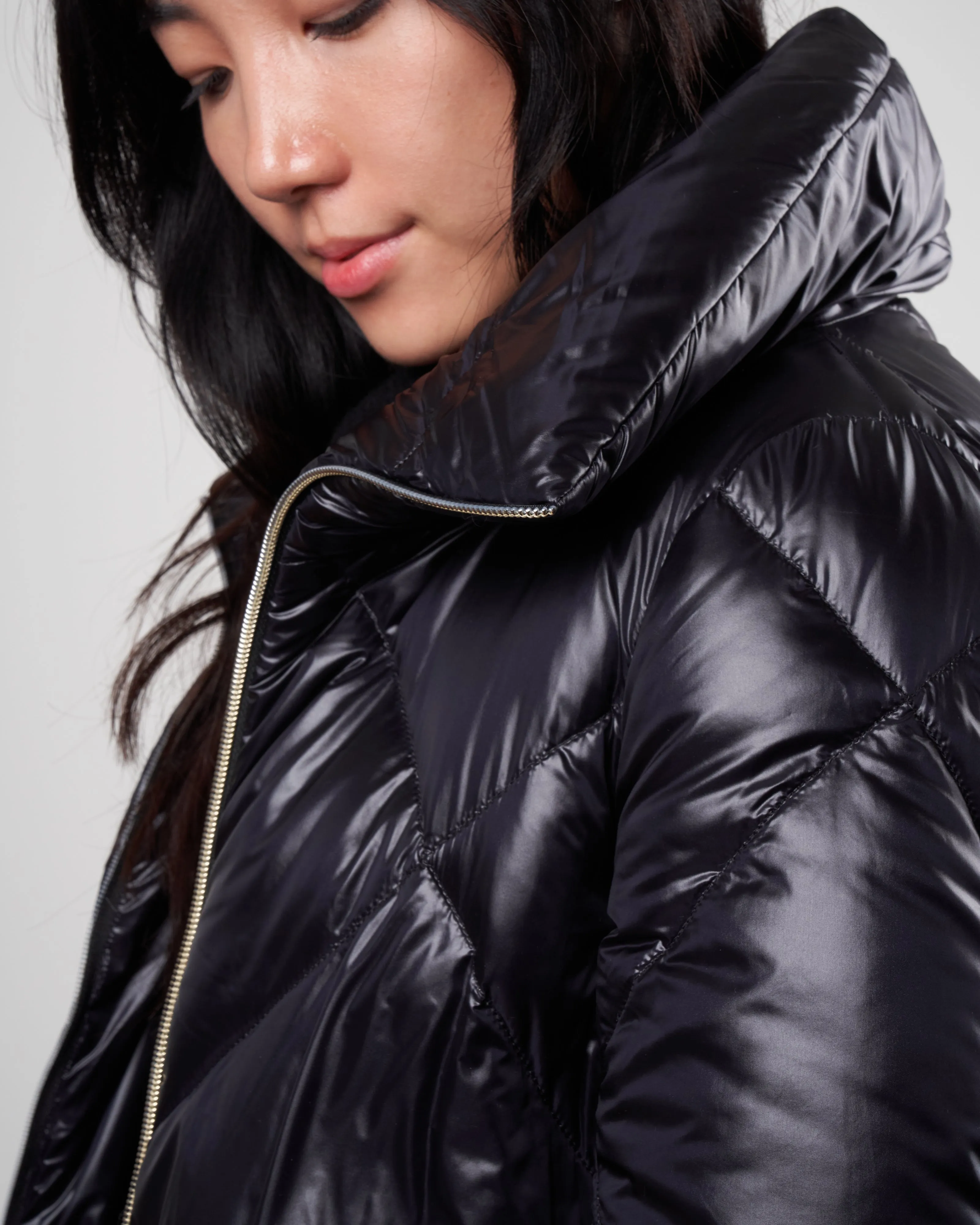 nylon ultralight diamond quilt a-line, hi-lo jacket - nero