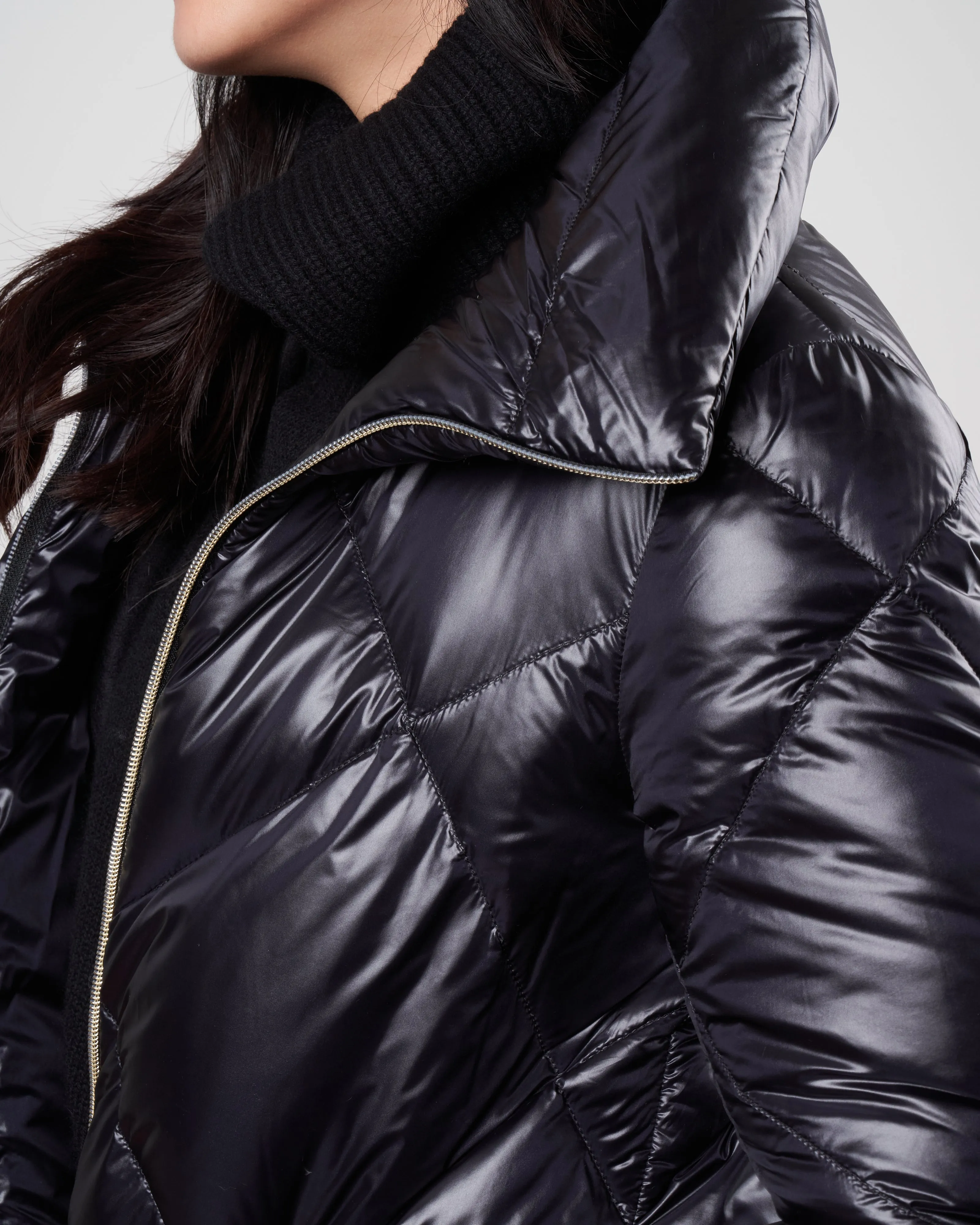nylon ultralight diamond quilt a-line, hi-lo jacket - nero
