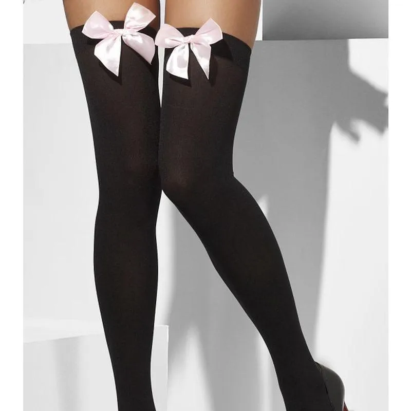 Opaque Hold Ups Adult Black Pink Bows