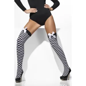 Opaque Hold-Ups - Black & White, Check Print with Bows