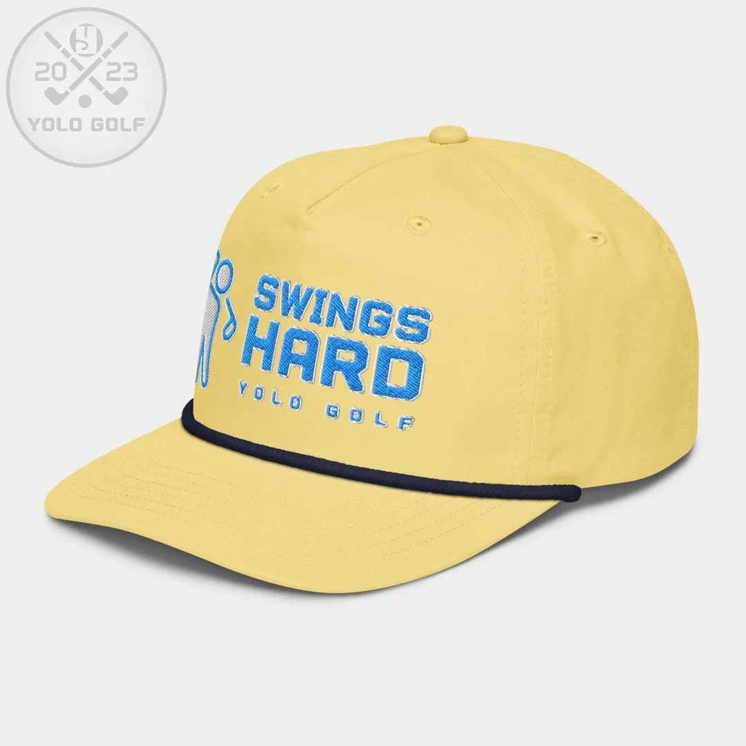 "Swings Hard" Golf Rope Cap (Teal White Embroidery)