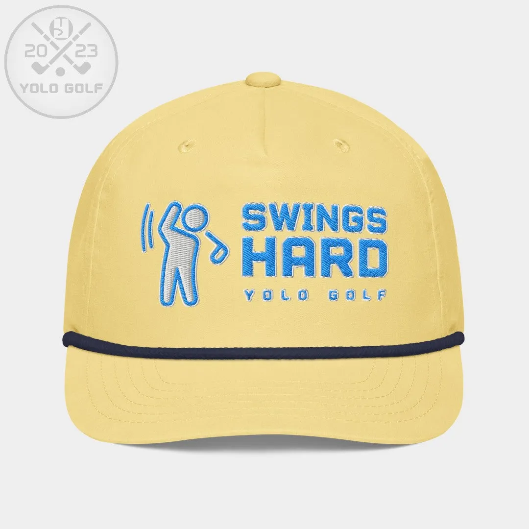 "Swings Hard" Golf Rope Cap (Teal White Embroidery)
