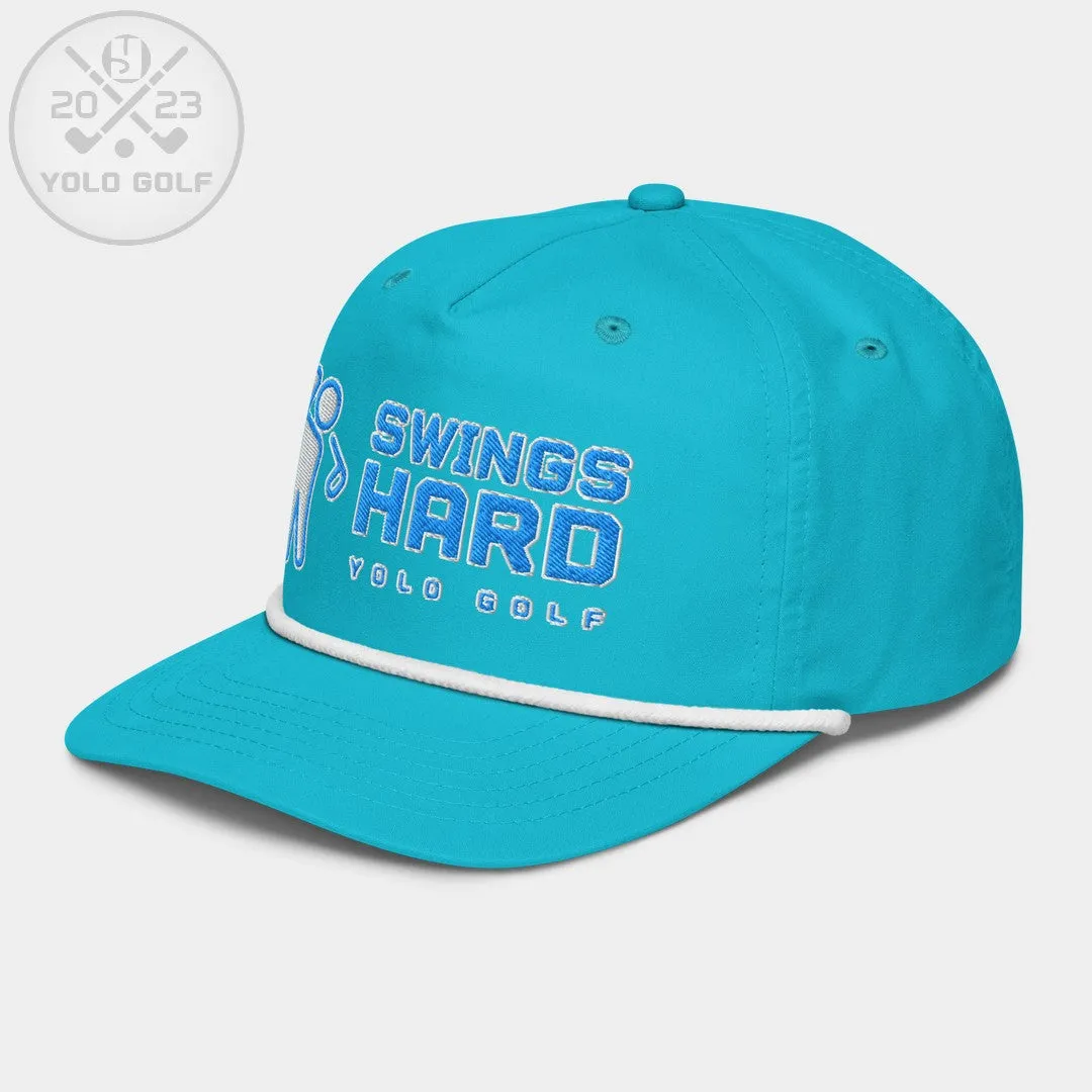 "Swings Hard" Golf Rope Cap (Teal White Embroidery)