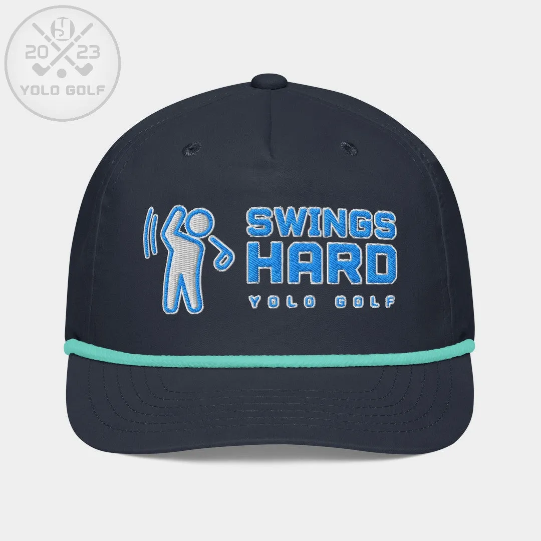 "Swings Hard" Golf Rope Cap (Teal White Embroidery)