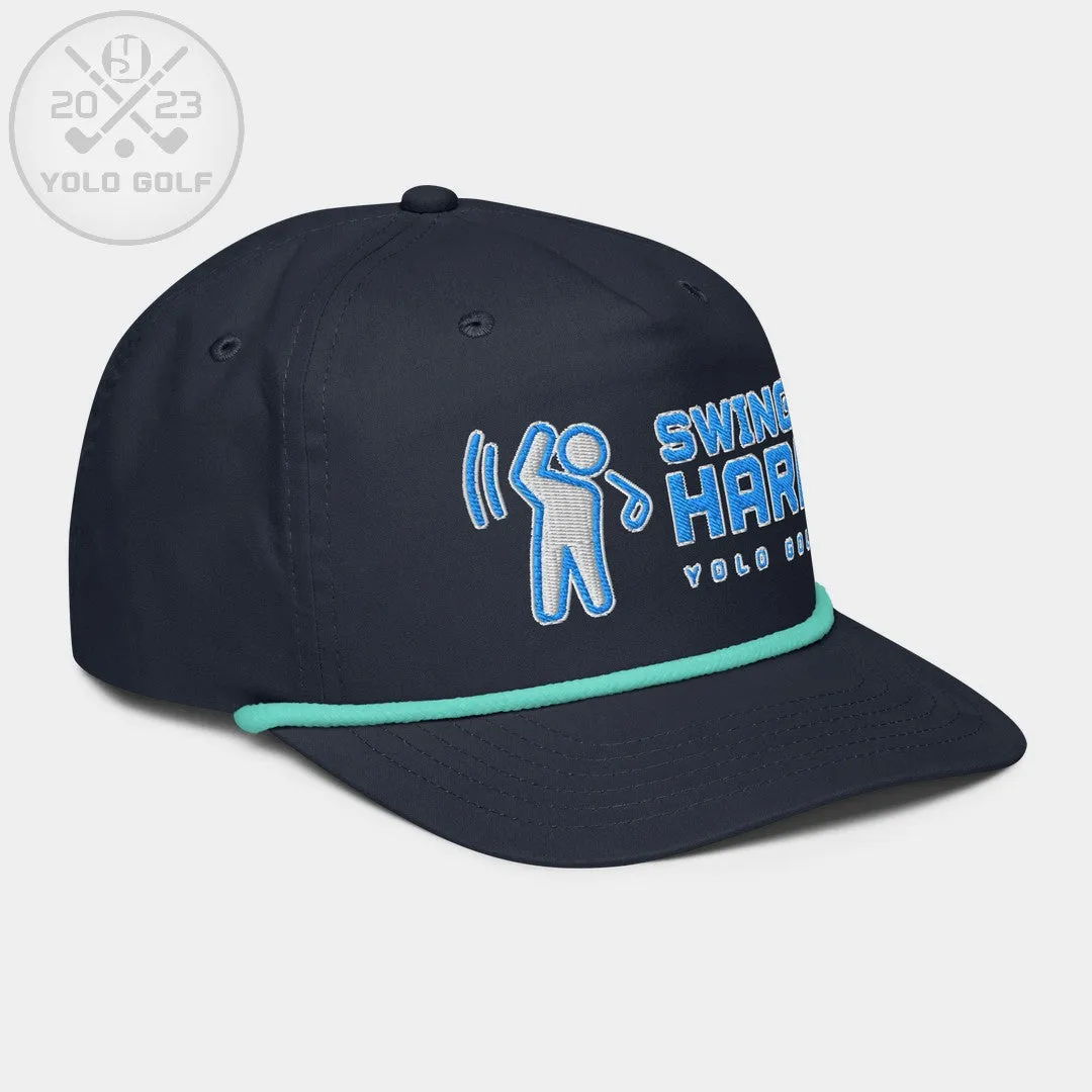 "Swings Hard" Golf Rope Cap (Teal White Embroidery)