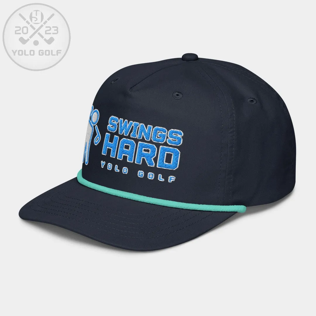 "Swings Hard" Golf Rope Cap (Teal White Embroidery)