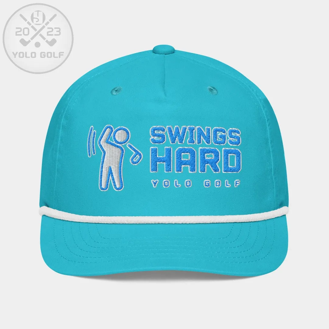 "Swings Hard" Golf Rope Cap (Teal White Embroidery)