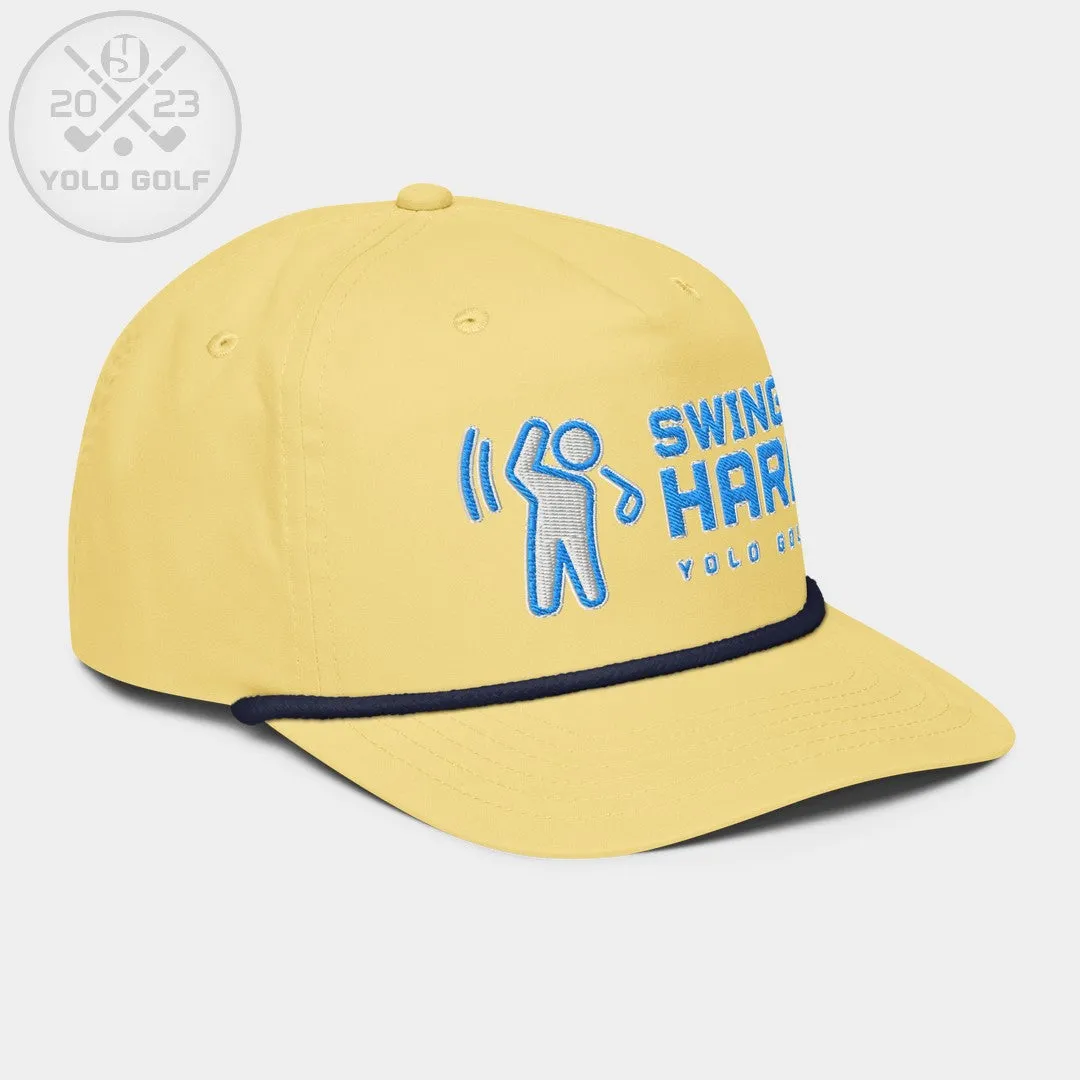 "Swings Hard" Golf Rope Cap (Teal White Embroidery)