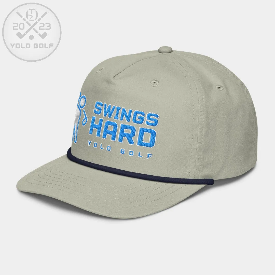 "Swings Hard" Golf Rope Cap (Teal White Embroidery)