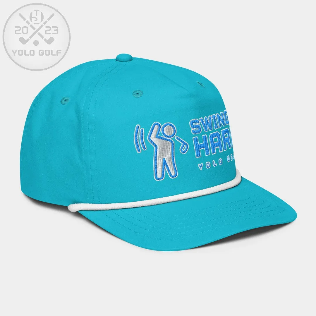 "Swings Hard" Golf Rope Cap (Teal White Embroidery)