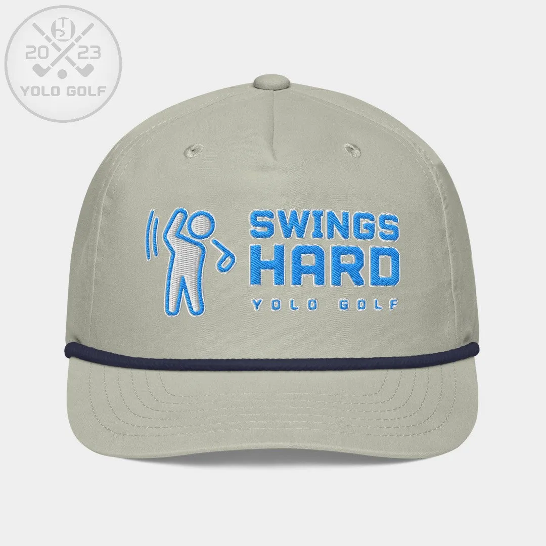 "Swings Hard" Golf Rope Cap (Teal White Embroidery)