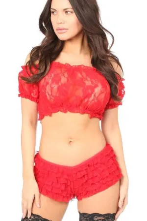 Red Sheer Lace Short Sleeve Peasant Top by Daisy