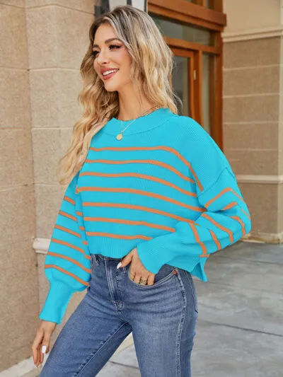 Round Neck Striped Lantern Sleeve Sweater