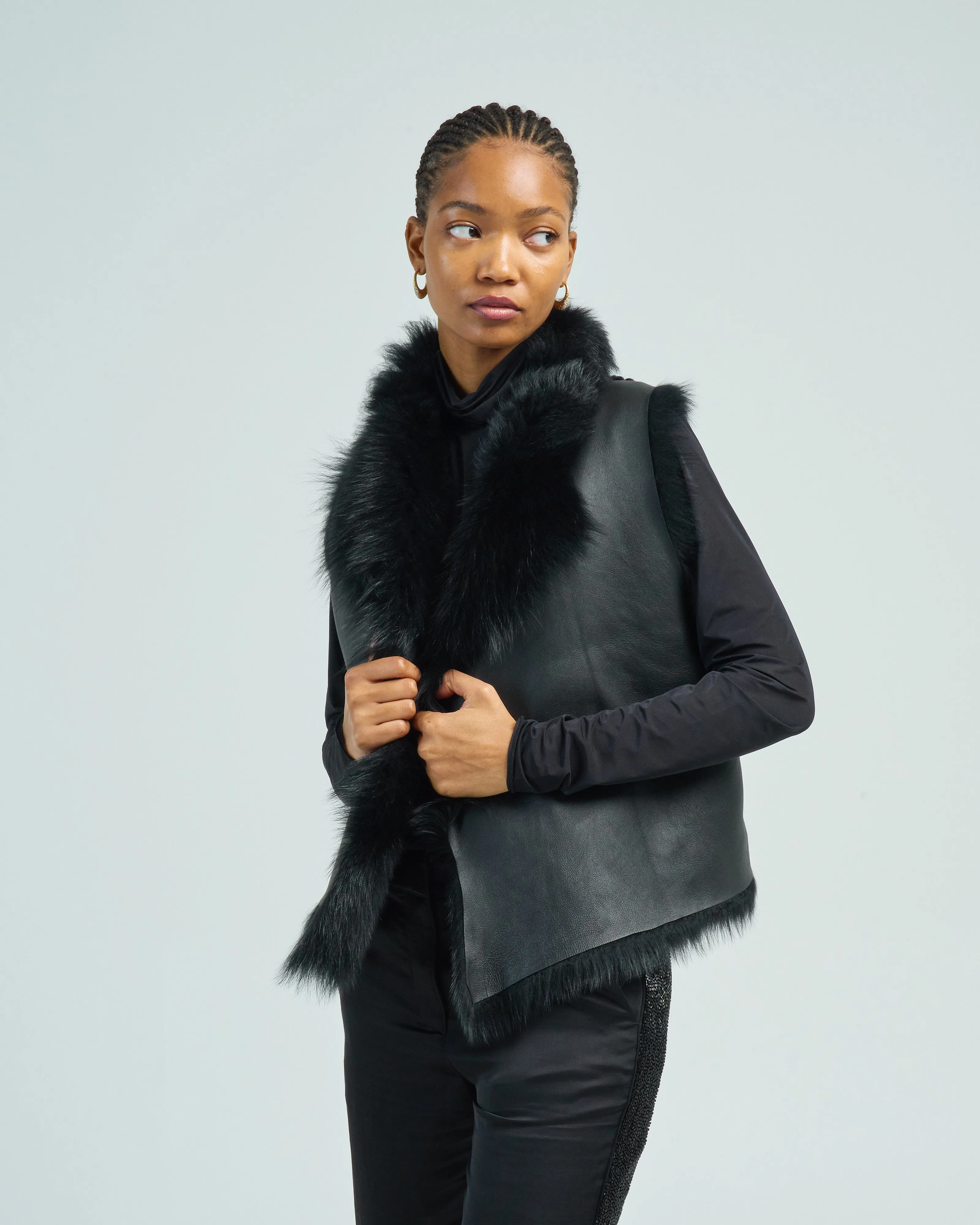 shearling and hand knit gilet
