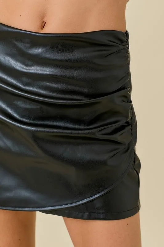 Side Ruched Faux Leather Mini Skort