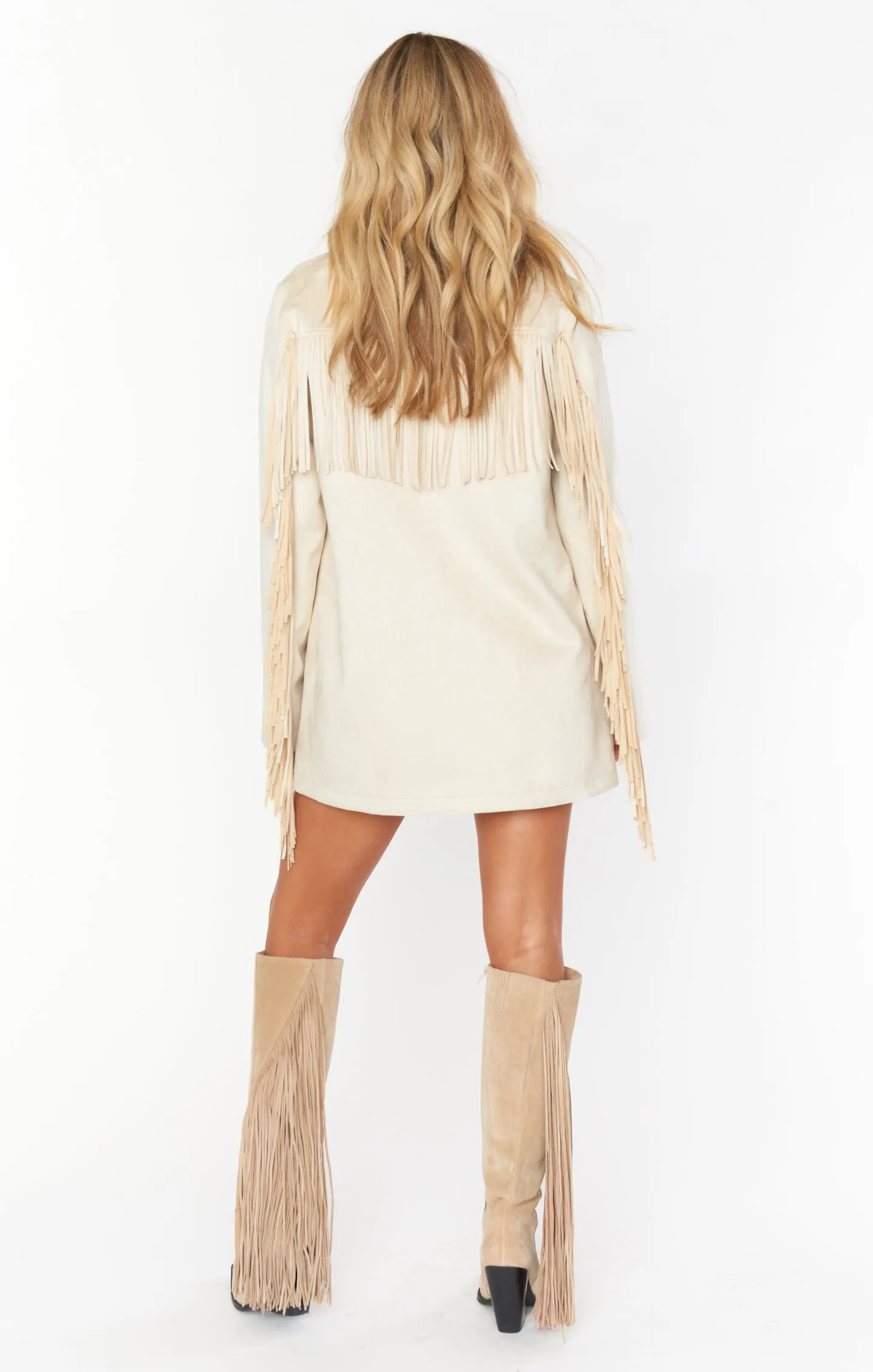 Sierra Fringe Jacket in Cream Faux Suede