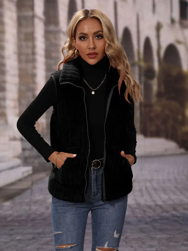 Sleeveless Lapel Zipper Striped Plush Vest Jacket