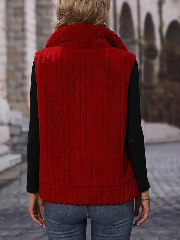 Sleeveless Lapel Zipper Striped Plush Vest Jacket