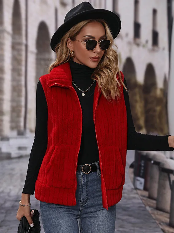 Sleeveless Lapel Zipper Striped Plush Vest Jacket