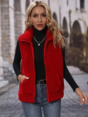 Sleeveless Lapel Zipper Striped Plush Vest Jacket