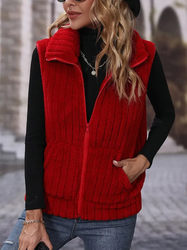Sleeveless Lapel Zipper Striped Plush Vest Jacket