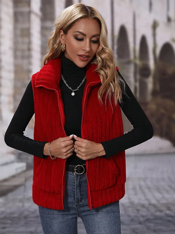 Sleeveless Lapel Zipper Striped Plush Vest Jacket