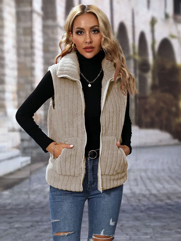 Sleeveless Lapel Zipper Striped Plush Vest Jacket