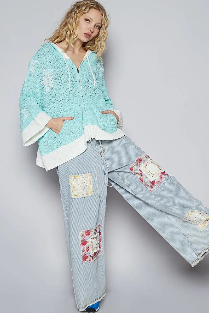 Slouchy Stars Hoodie-Aqua/Cream