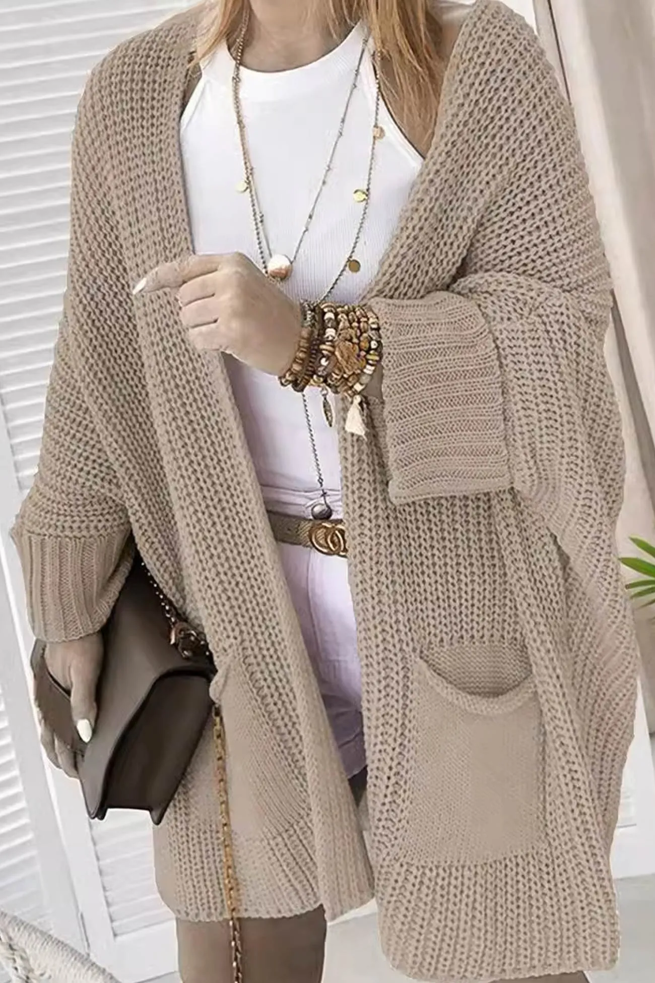 Solid Color Bat Sleeve Open Front Cardigan