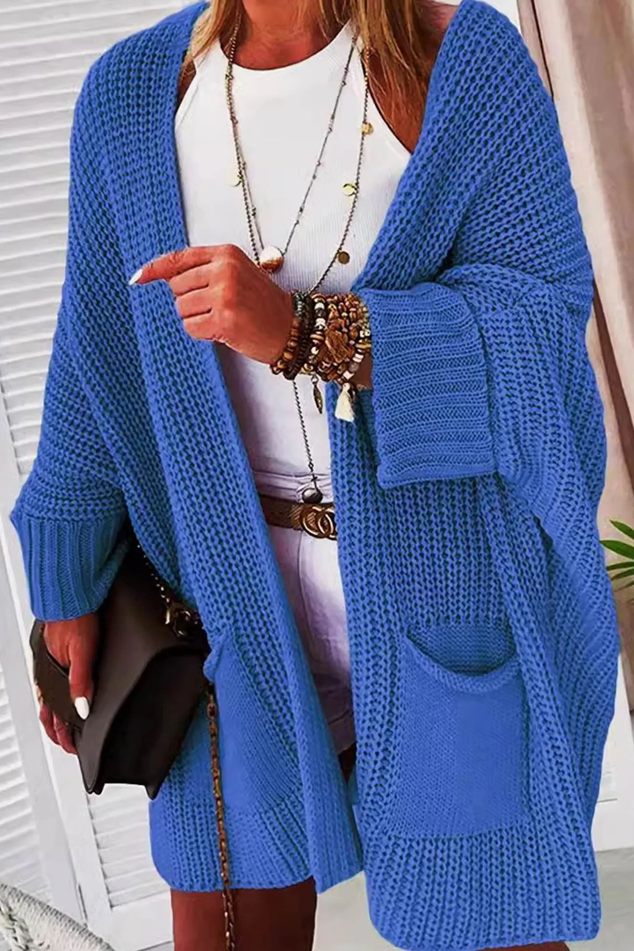 Solid Color Bat Sleeve Open Front Cardigan