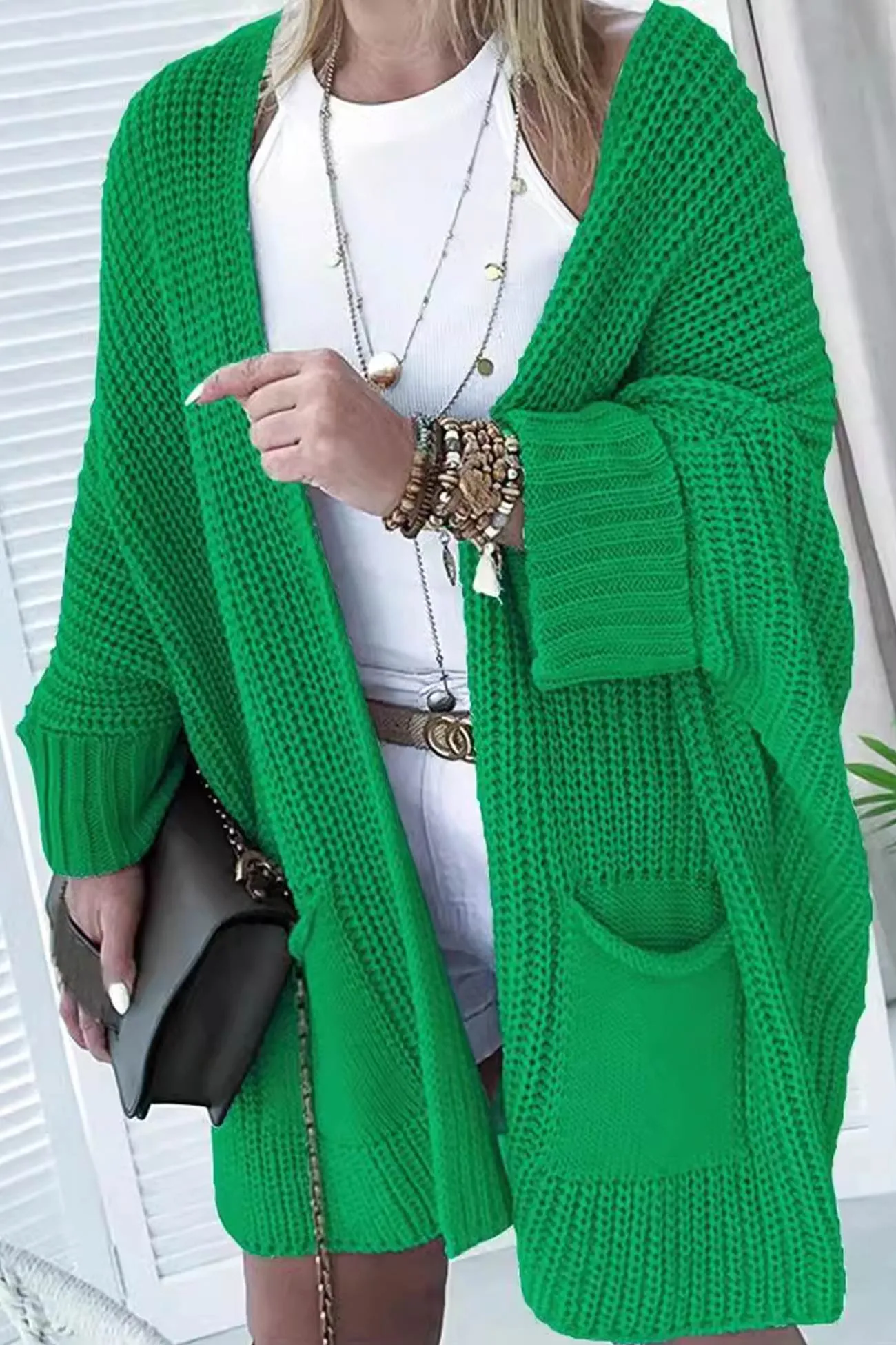 Solid Color Bat Sleeve Open Front Cardigan