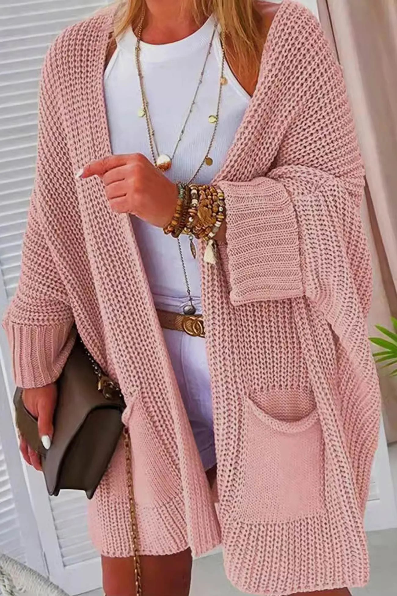Solid Color Bat Sleeve Open Front Cardigan