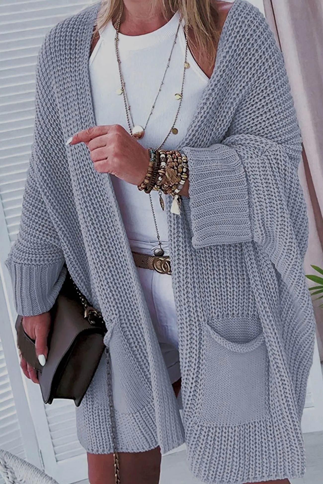 Solid Color Bat Sleeve Open Front Cardigan